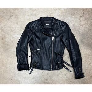 Zara Genuine Leather Moto Jacket Women’s S Black Quilted Biker Asymmetrical Zip